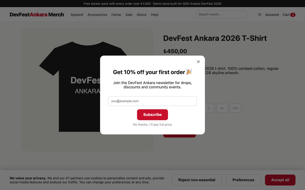 Demo shop product page with newsletter pop-up and cookie banner
