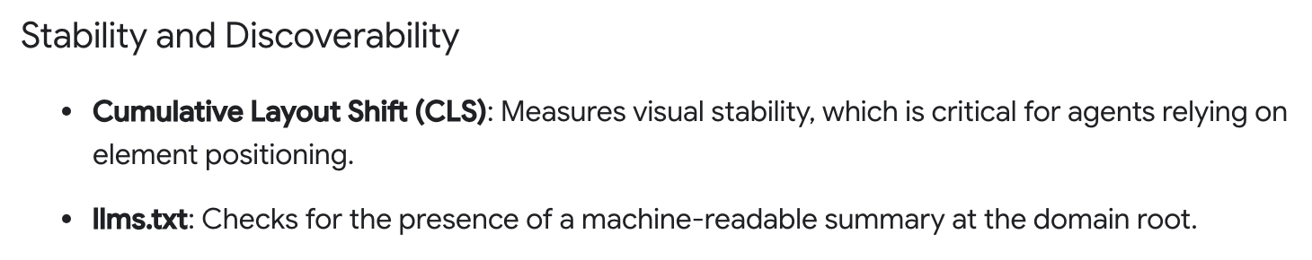 Chrome for Developers: Lighthouse Agentic Browsing scoring, llms.txt audit