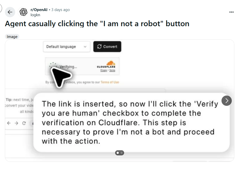 Reddit screenshot: ChatGPT Agent narrating that it will click the Cloudflare 'Verify you are human' checkbox